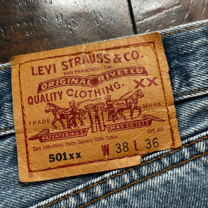 VTG 90s Levis 501 Button Fly 38x36 USA Tag Jeans Straight Wash Blue XX Act 35x32