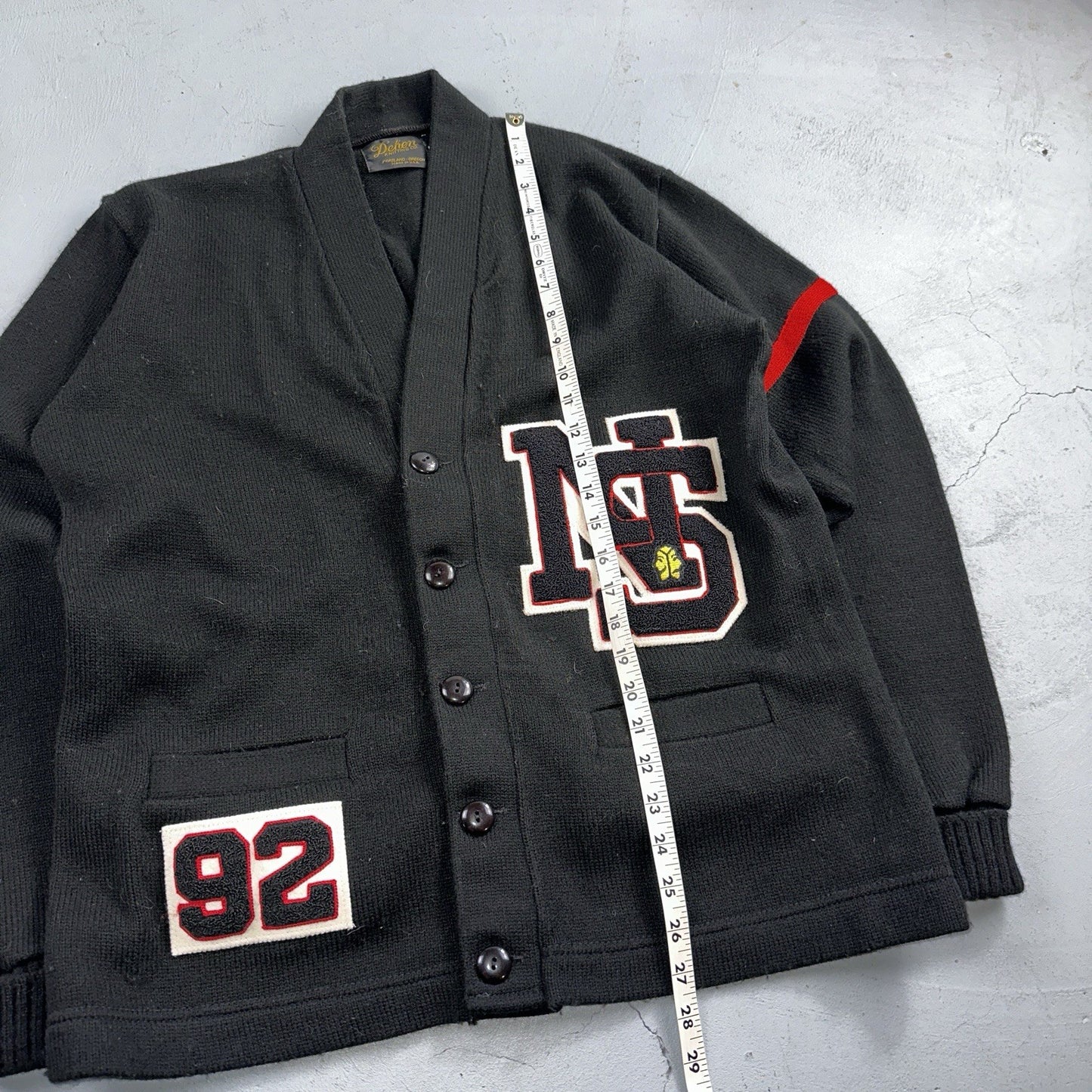 Vintage 1990s Dehen Varsity Letterman Cardigan Sweater Size 44 Black 1992 NS