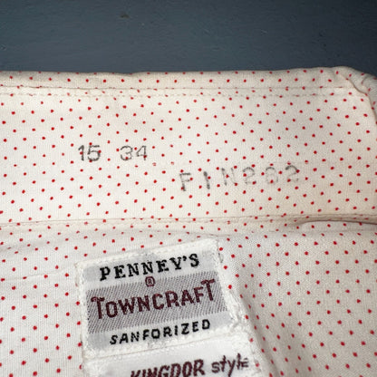 Vtg 40s 50s Penneys Towncraft Dress Shirt Mens 15 Red Polka Dot White Crisp