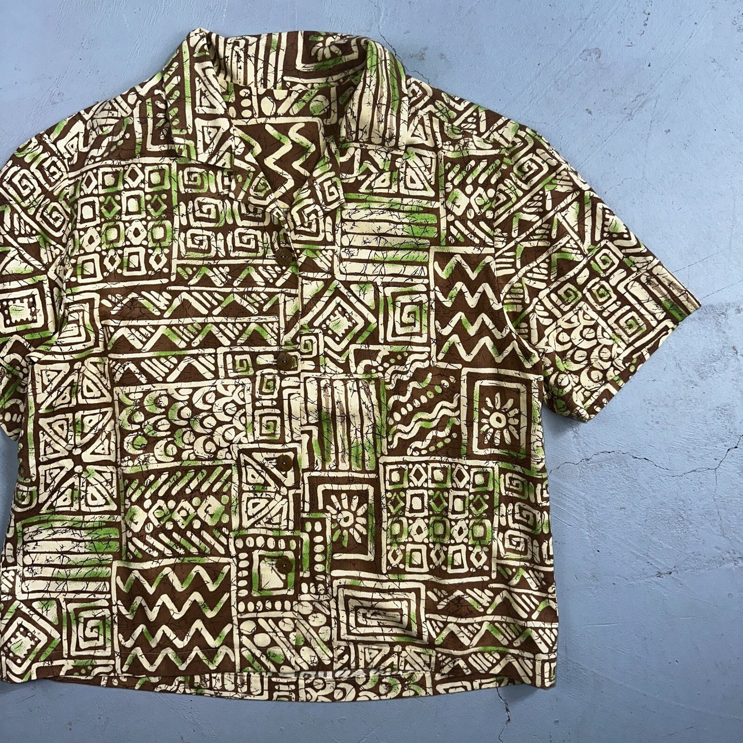 1950s Cotton Hawaiian Green Short Sleeve Button Down Shirt Rockabilly 50s Boxy