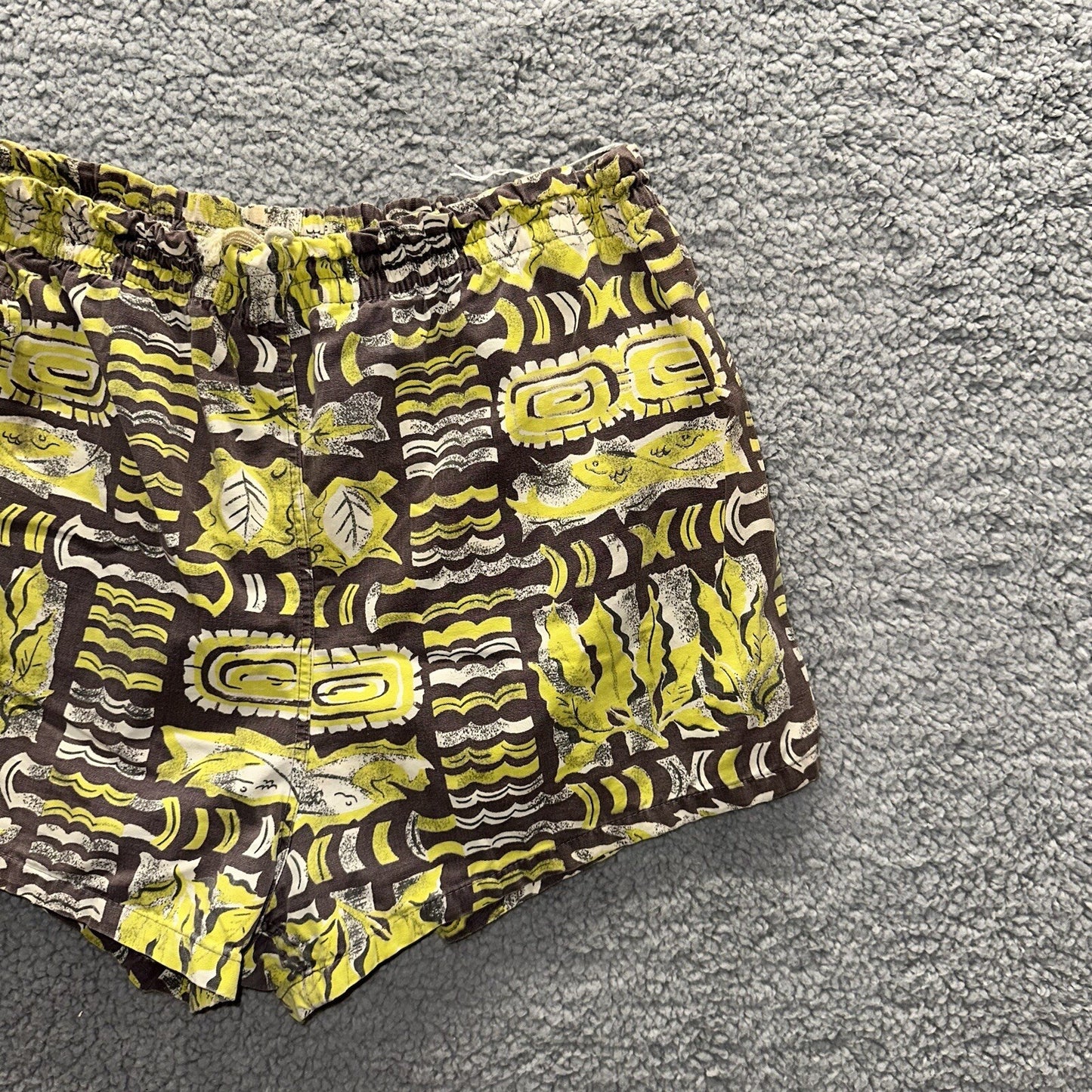 Vtg 40s California Aloha Yellow 50s Swim Trunks Board Shorts Floral Rockabilly