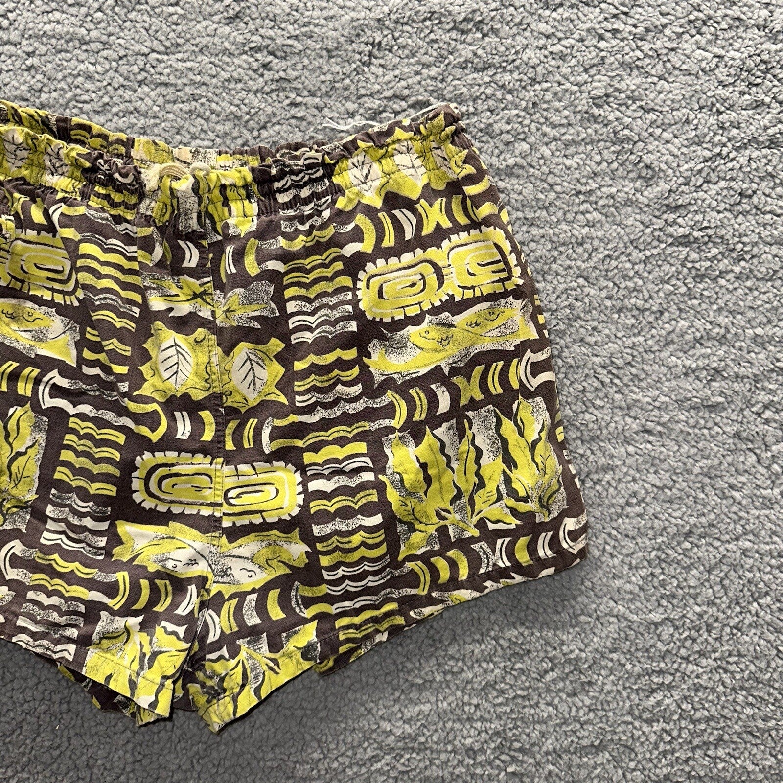 Vtg 40s California Aloha Yellow 50s Swim Trunks Board Shorts Floral Rockabilly