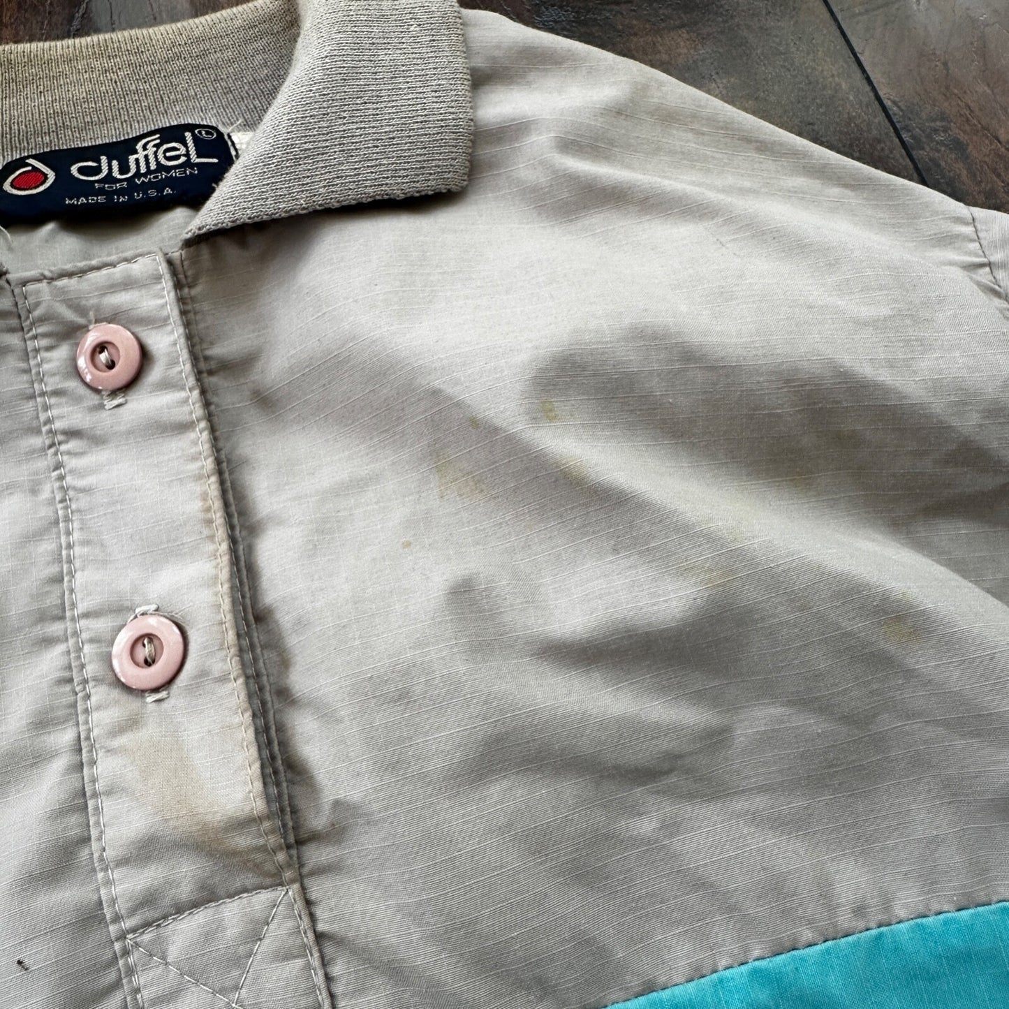 VTG 80s Duffel Pink Blue Strip Collared Pullover Windbreaker Womens L Colorblock