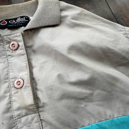 VTG 80s Duffel Pink Blue Strip Collared Pullover Windbreaker Womens L Colorblock