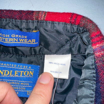 Pendleton VTG 100% Virgin Wool Western Plaid Shirt Pearl Snap Red High Grade