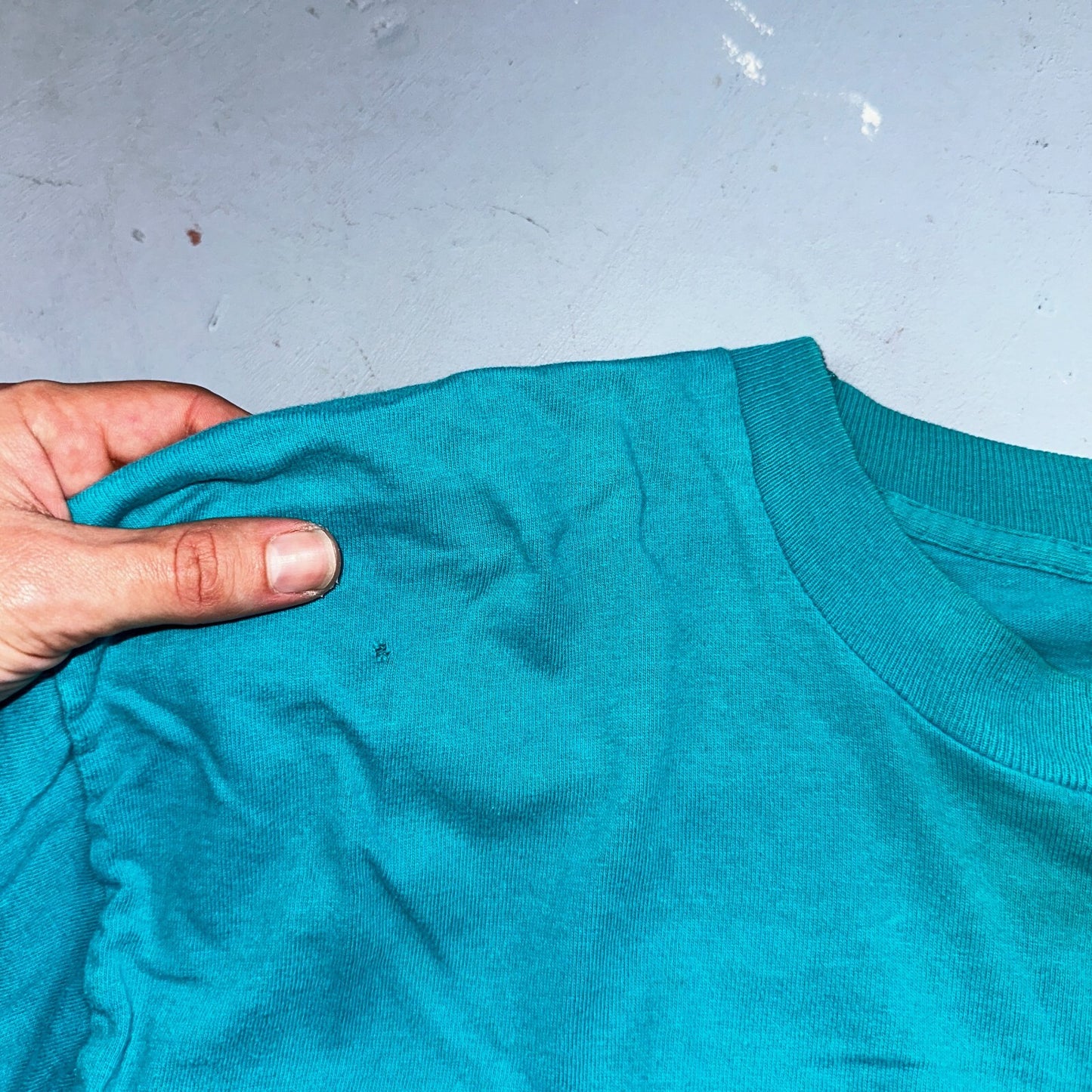 Fruit Of The Loom 90s USA XL VTG T Shirt Teal Blue Long Sleeve Blank Thrashed