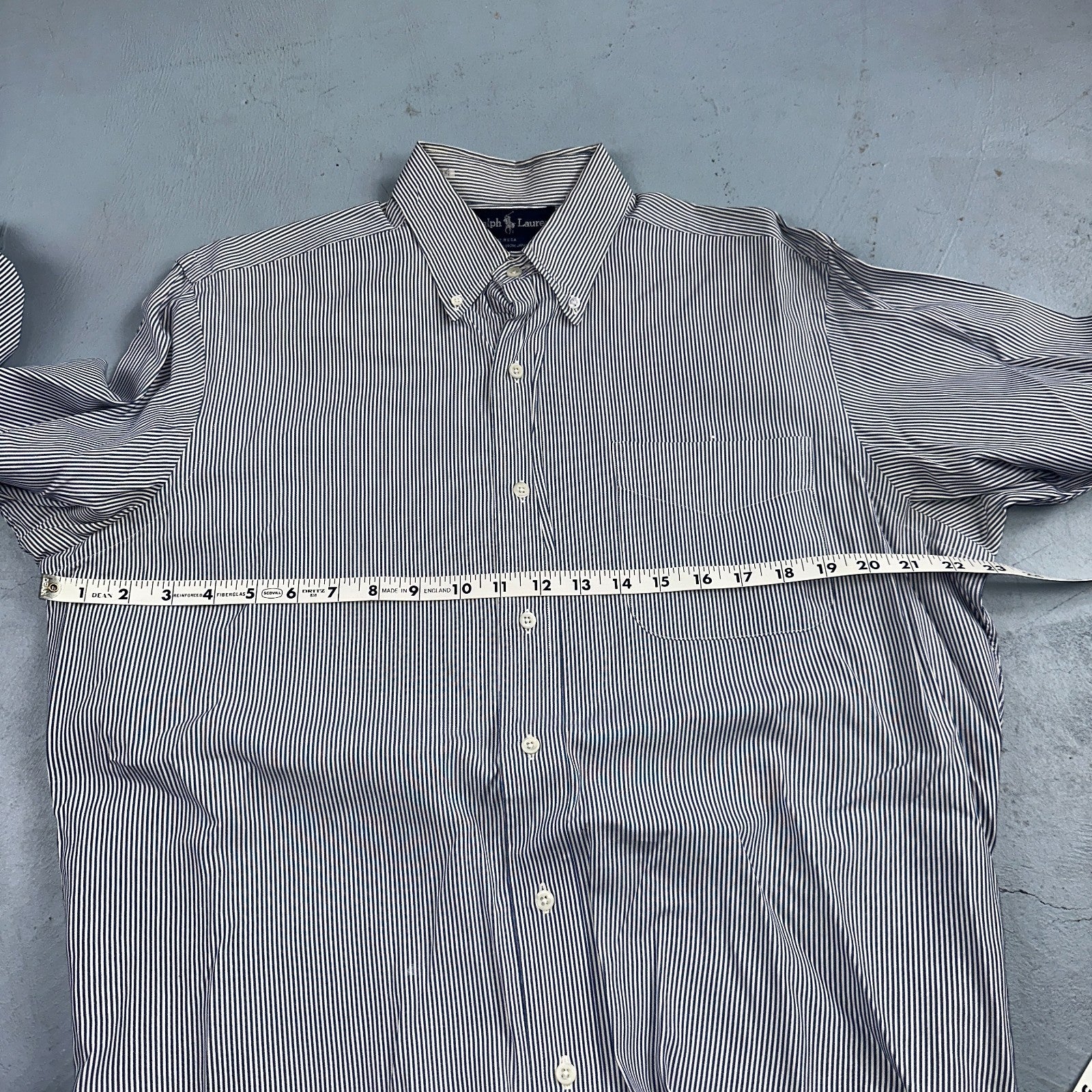 Polo Ralph Lauren Shirt 15.5 White Navy Striped USA Japan Button Up Long Sleeve