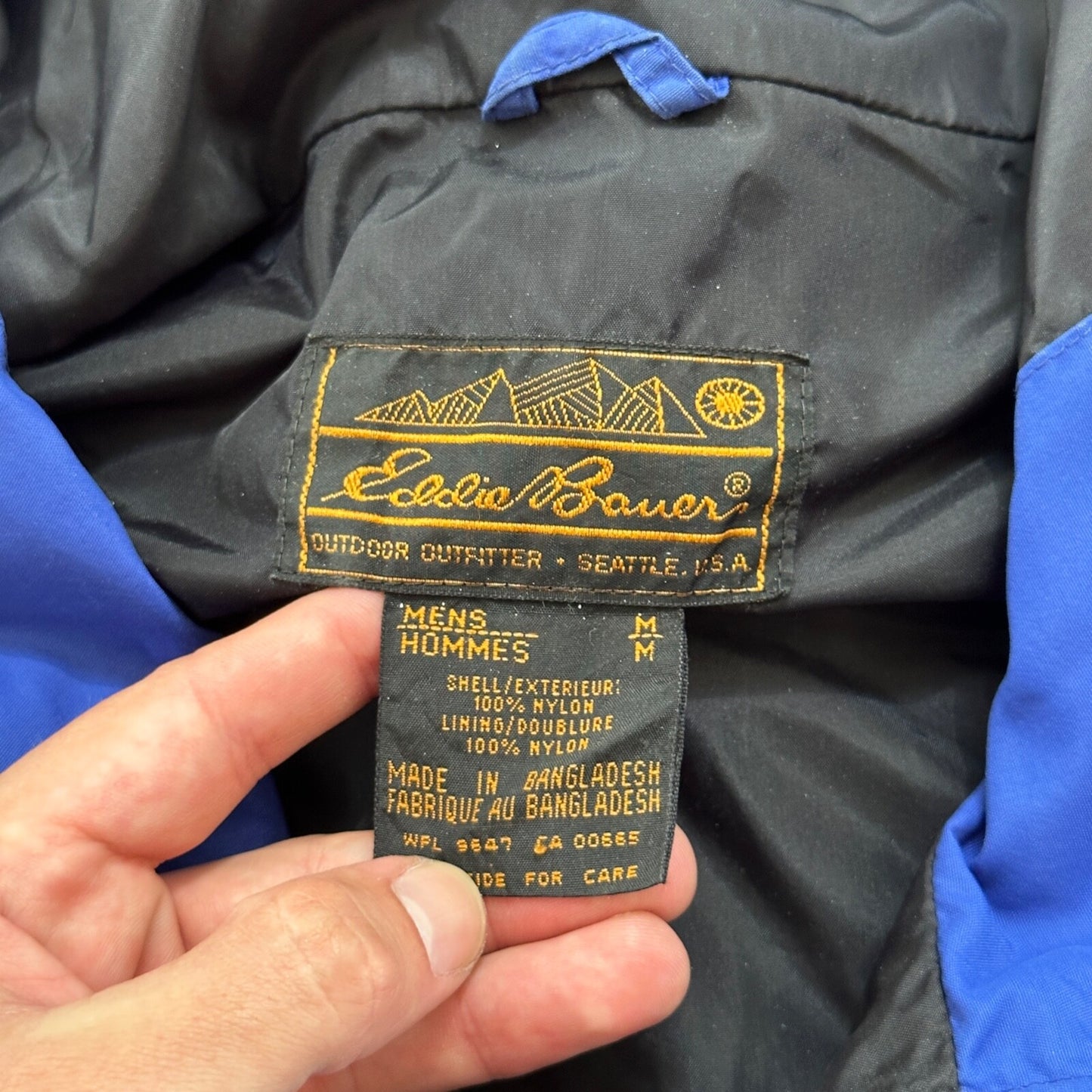 Eddie Bauer Windbreaker Jacket Mens M Blue Vintage Full Zip Ultrex Hooded RIPPED