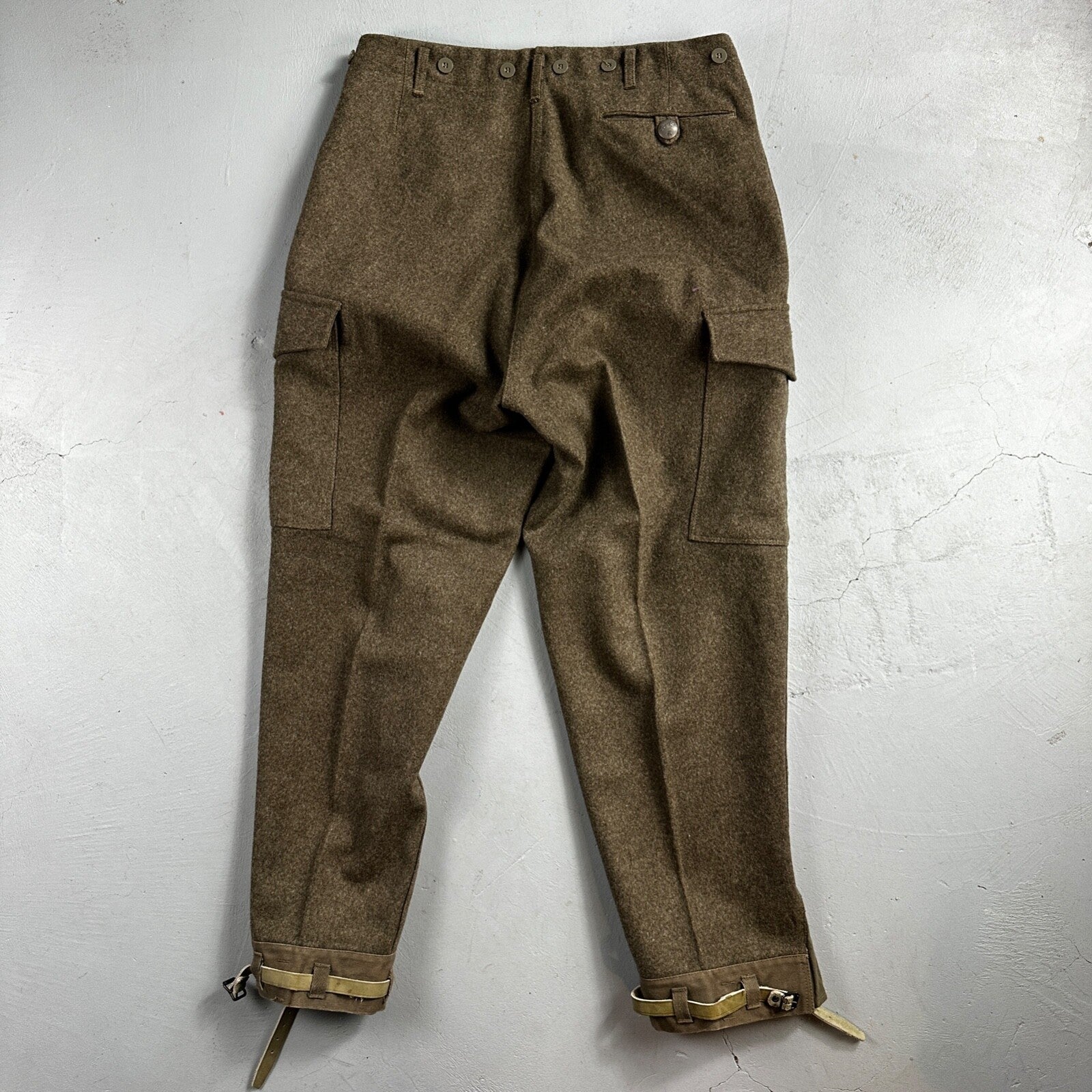 Vintage 1960s Swedish Army Wool Cargo Heavy Pants WWII Leather Straps 34x31