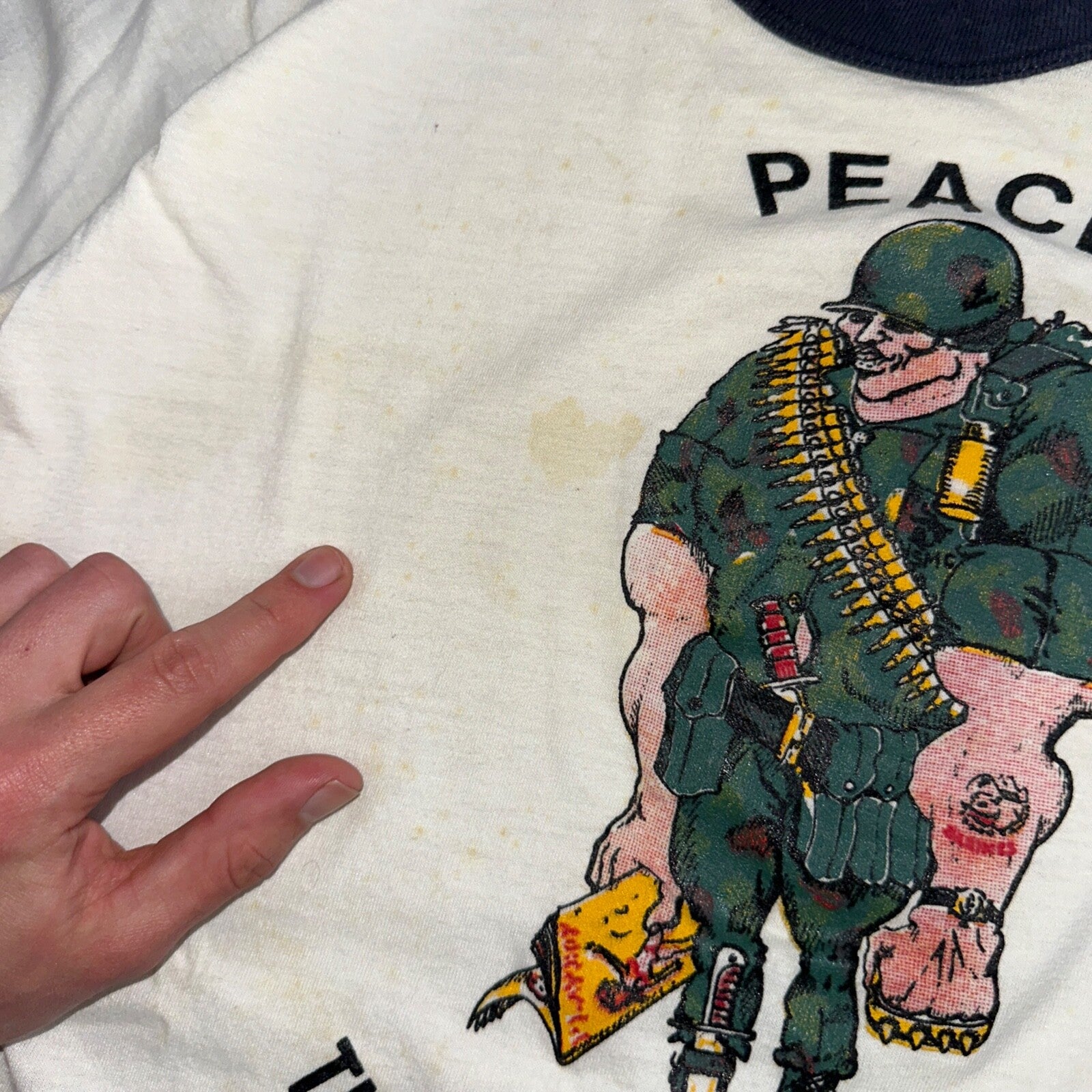 1970s Army Peace Through Combat Soldier VTG T Shirt 70s Playboy Ringer Graphic