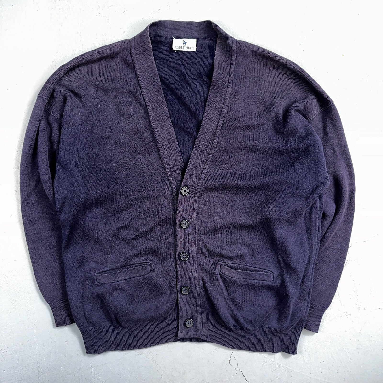 Vintage 70s Robert Bruce Cardigan Sweater Adult XL Navy Grandpa Grunge Faded
