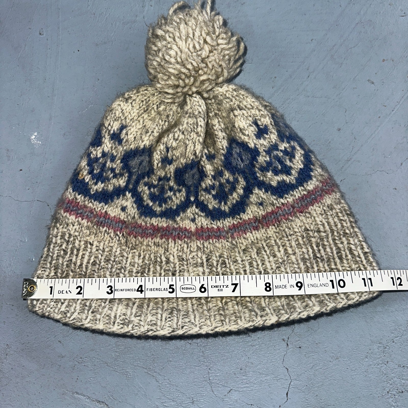 Vintage Danspin Denmark Wool Knit Hat Nordic Fair Isle Beanie Pom Winter Cap 70s