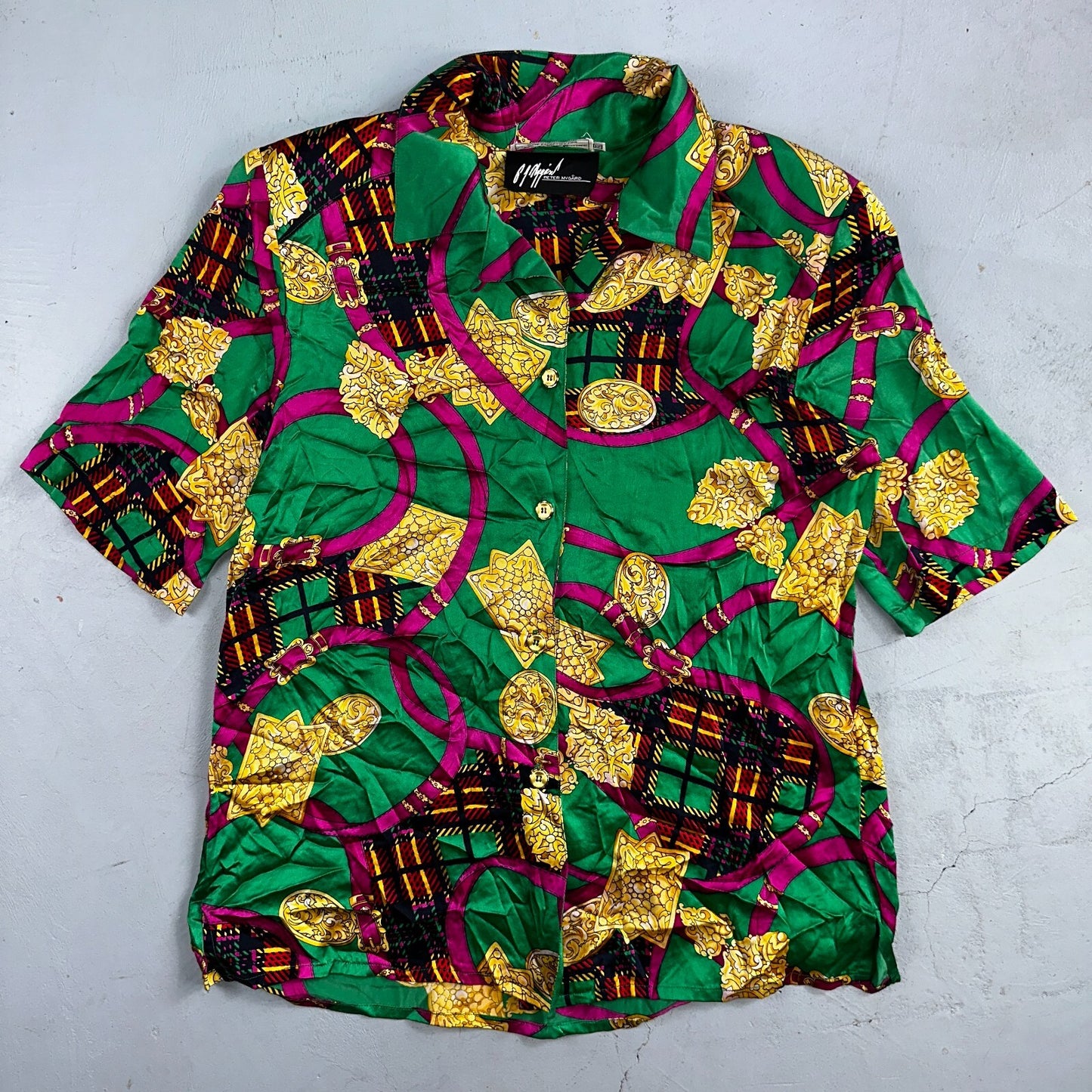 Peter Nygard Shirt Womens 12 Gold Green Silk Abstract VTG 80s Saks Fifth Avenue
