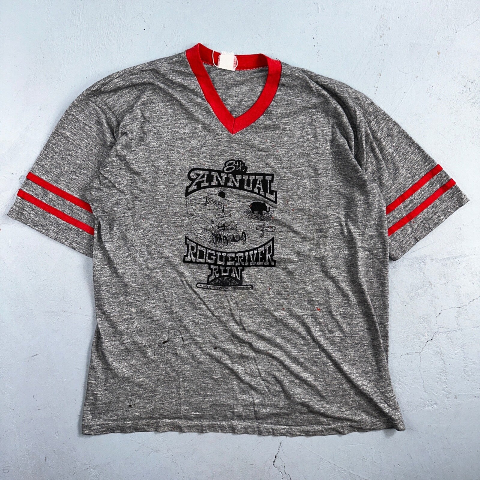 Rouge River Run V Neck Gray VTG T Shirt 80s Single Stitch Cars Graphic Rare Cool