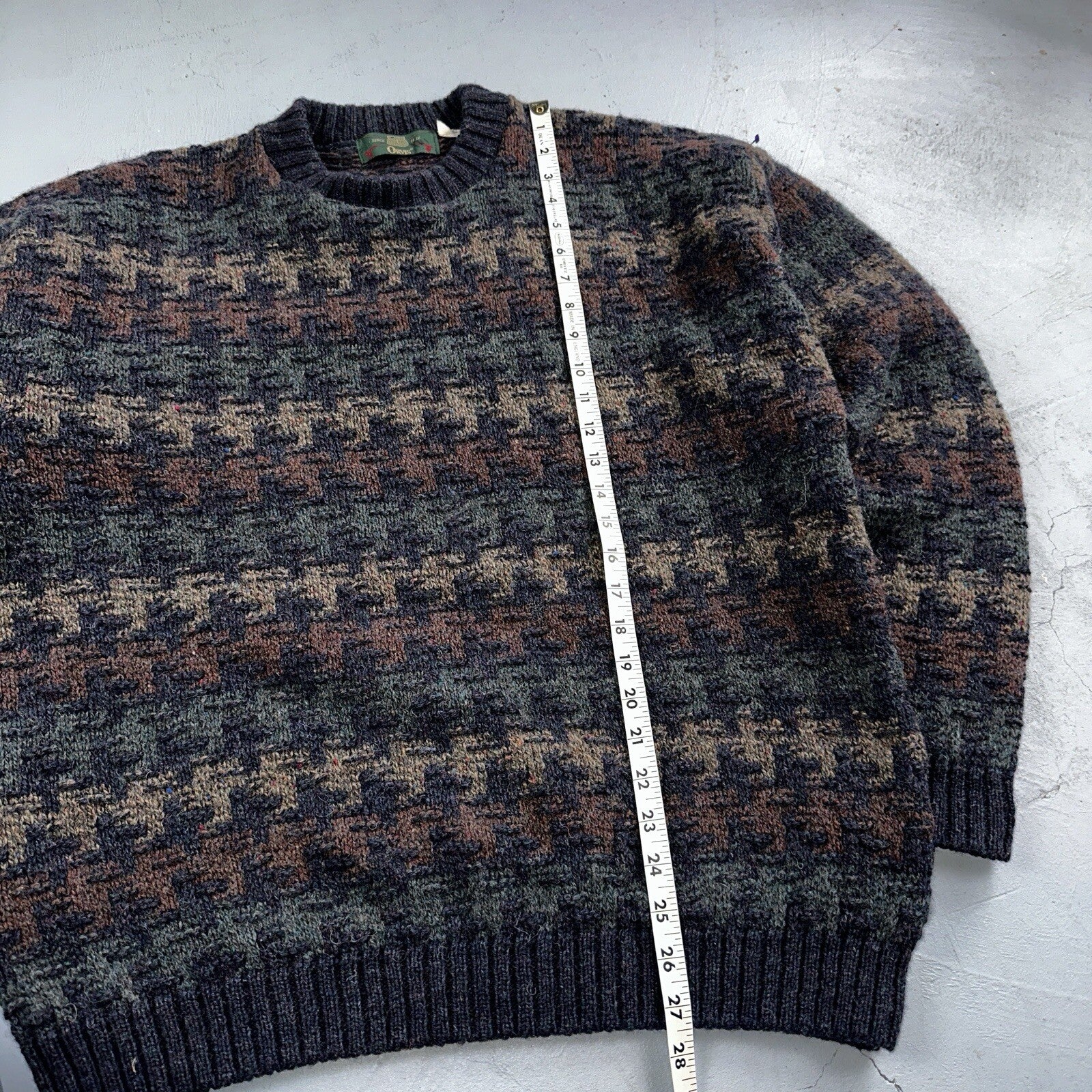 Orvis Men’s Wool Sweater XL Navy Green Tan Brown Jumper Houndstooth GrandpaCore