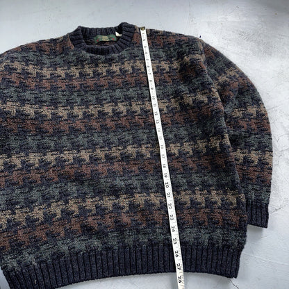 Orvis Men’s Wool Sweater XL Navy Green Tan Brown Jumper Houndstooth GrandpaCore