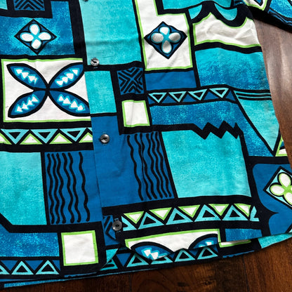 1960s Hawaiian Button Down Shirt Vintage Rockabilly 50s 60s Crop Fit Beach Blue