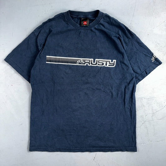 Rusty Surf Shirt 90s Y2K Skate Grunge Navy Blue Hibiscus Vintage Hawaii Sz XL