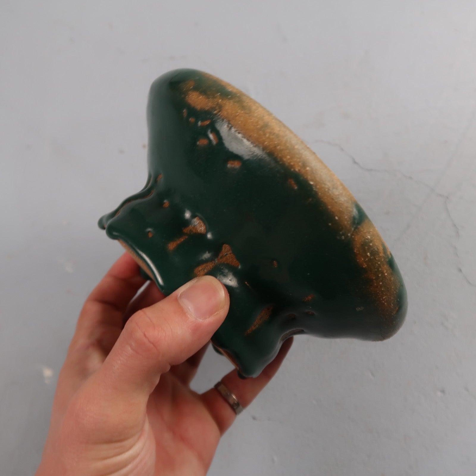 Green Glazed Small Size Motif Bowl Cute Ceramic Green VTG 90s Handmade Art Folk