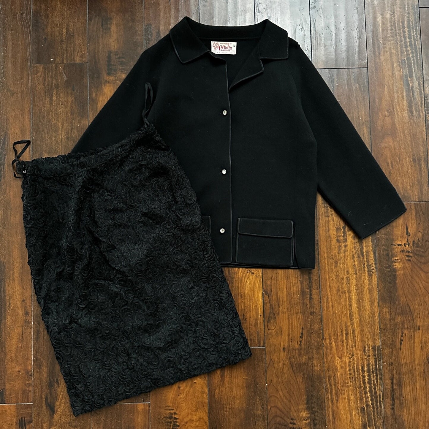 1960’s VTG Wool Cardigan Coltalia Imports Black Women’s Rockabilly 60s Skirt