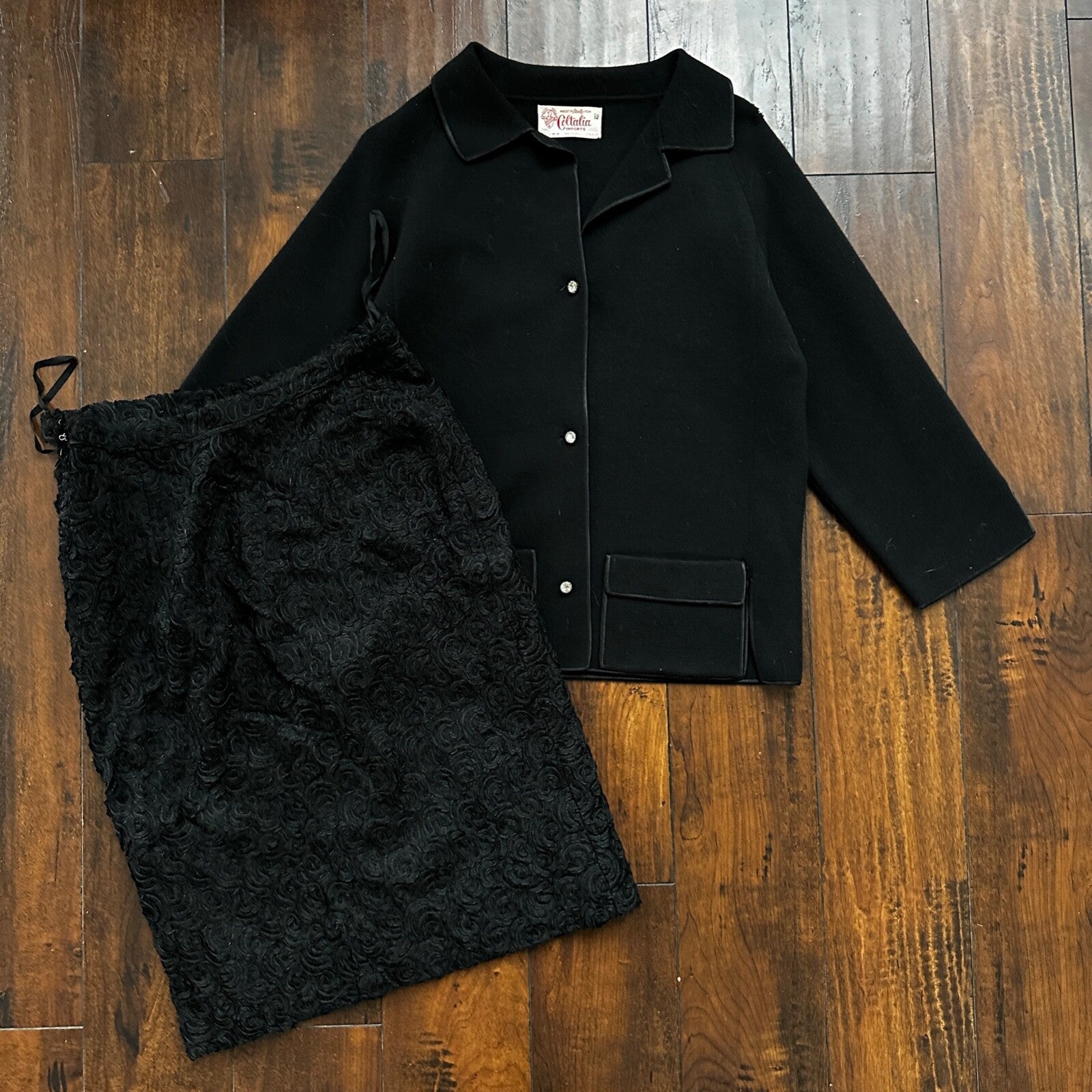 1960’s VTG Wool Cardigan Coltalia Imports Black Women’s Rockabilly 60s Skirt