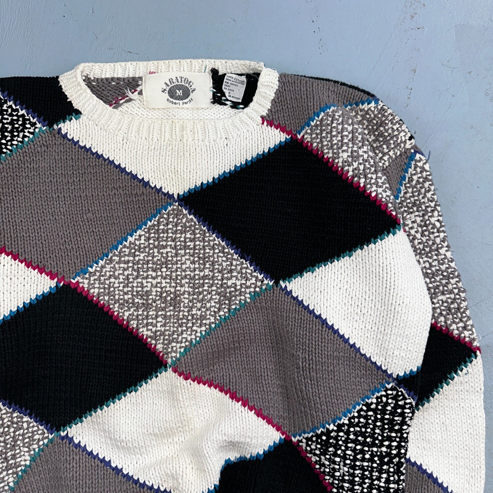 Vintage 80s Saratoga Robert Peritz Striped Cotton Cable Knit Golf Sweater Chic