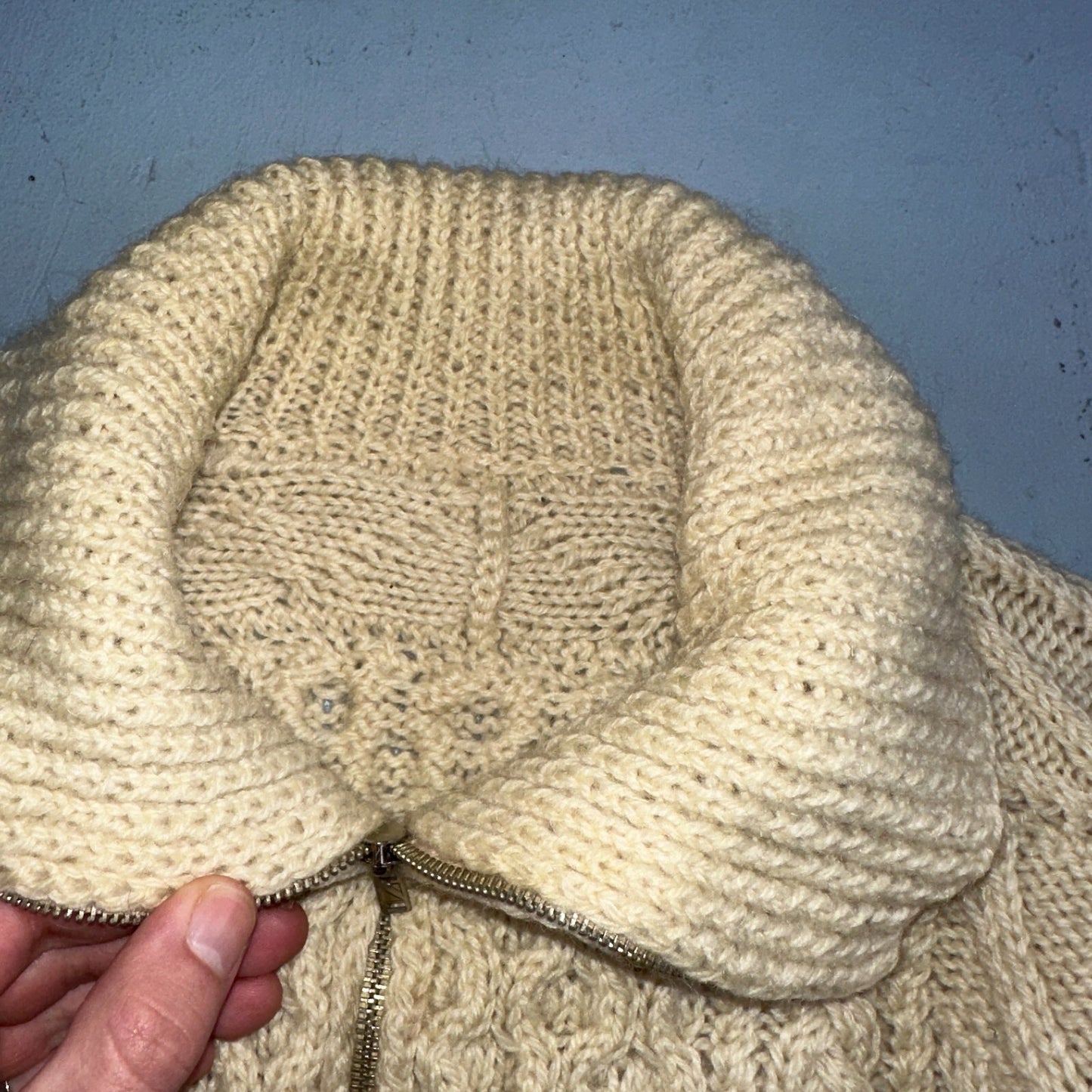 VTG Sweater Mens M Cream Cable Knit Ribbed Full Zip 1960s Rockabilly Ivory Rare