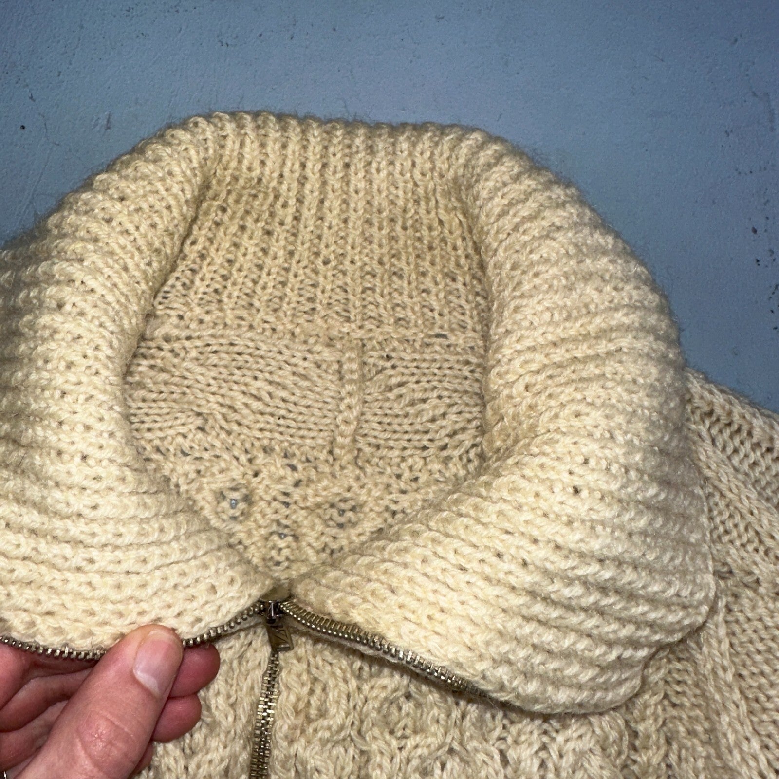 VTG Sweater Mens M Cream Cable Knit Ribbed Full Zip 1960s Rockabilly Ivory Rare