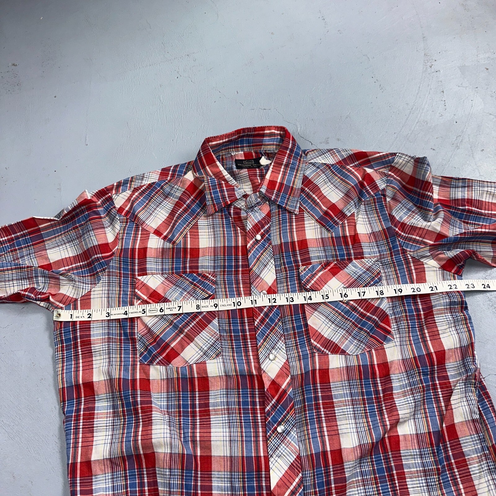 Sears VTG Western Wear L Plaid Ranch Rodeo Shirt Jacket Pearl Snap Red 16