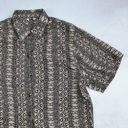 Hawaiian Regular Fit Shirt Men L Gray Geometric Tribal Button Up 80s VTG