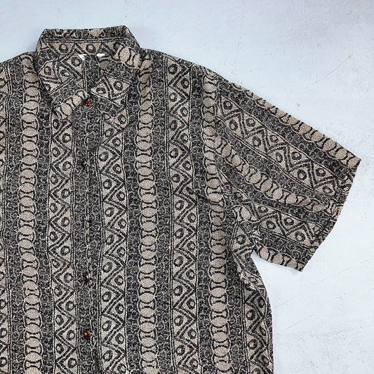 Hawaiian Regular Fit Shirt Men L Gray Geometric Tribal Button Up 80s VTG