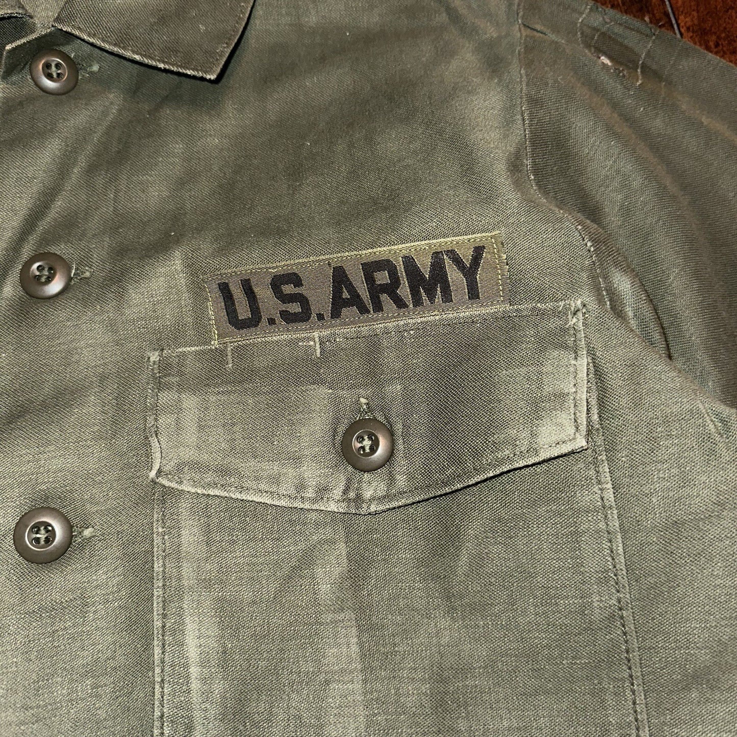 Vintage US Military Shirt OG-107 Vietnam 1970s DSA 1975 Post WWII Camo Green