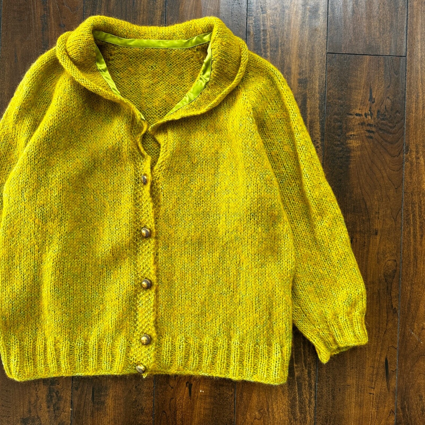 VTG 1960s Green Yellow Pukey Knit Cardigan Sweater Rockabilly 60s Wool Grunge