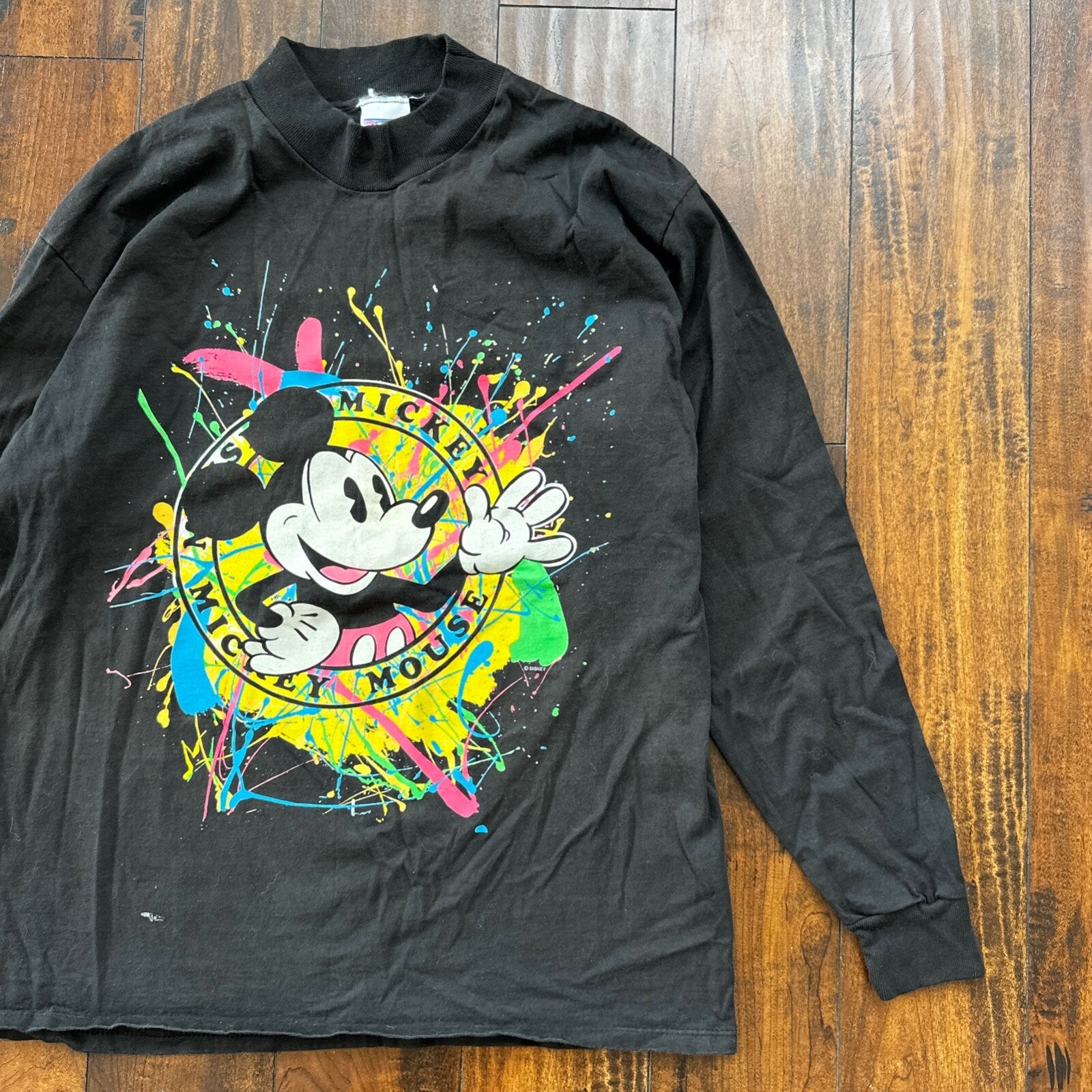 Mickey Mouse Disney Splatter Long Sleeve Black Vintage T Shirt 90s USA Cool