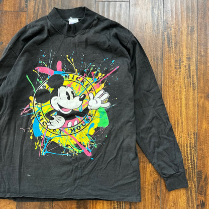 Mickey Mouse Disney Splatter Long Sleeve Black Vintage T Shirt 90s USA Cool