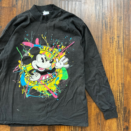Mickey Mouse Disney Splatter Long Sleeve Black Vintage T Shirt 90s USA Cool