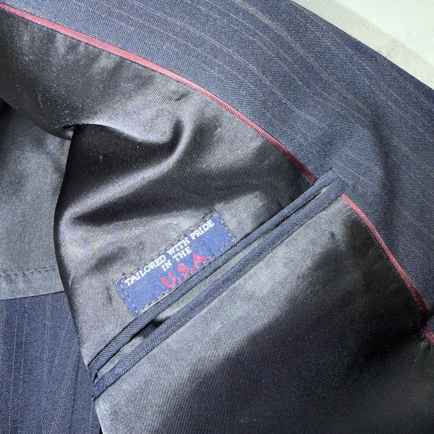 VTG Mens 2 PC Suit 42 Jacket Coat Pants Blue Striped USA Golden Lancer 80s Wool