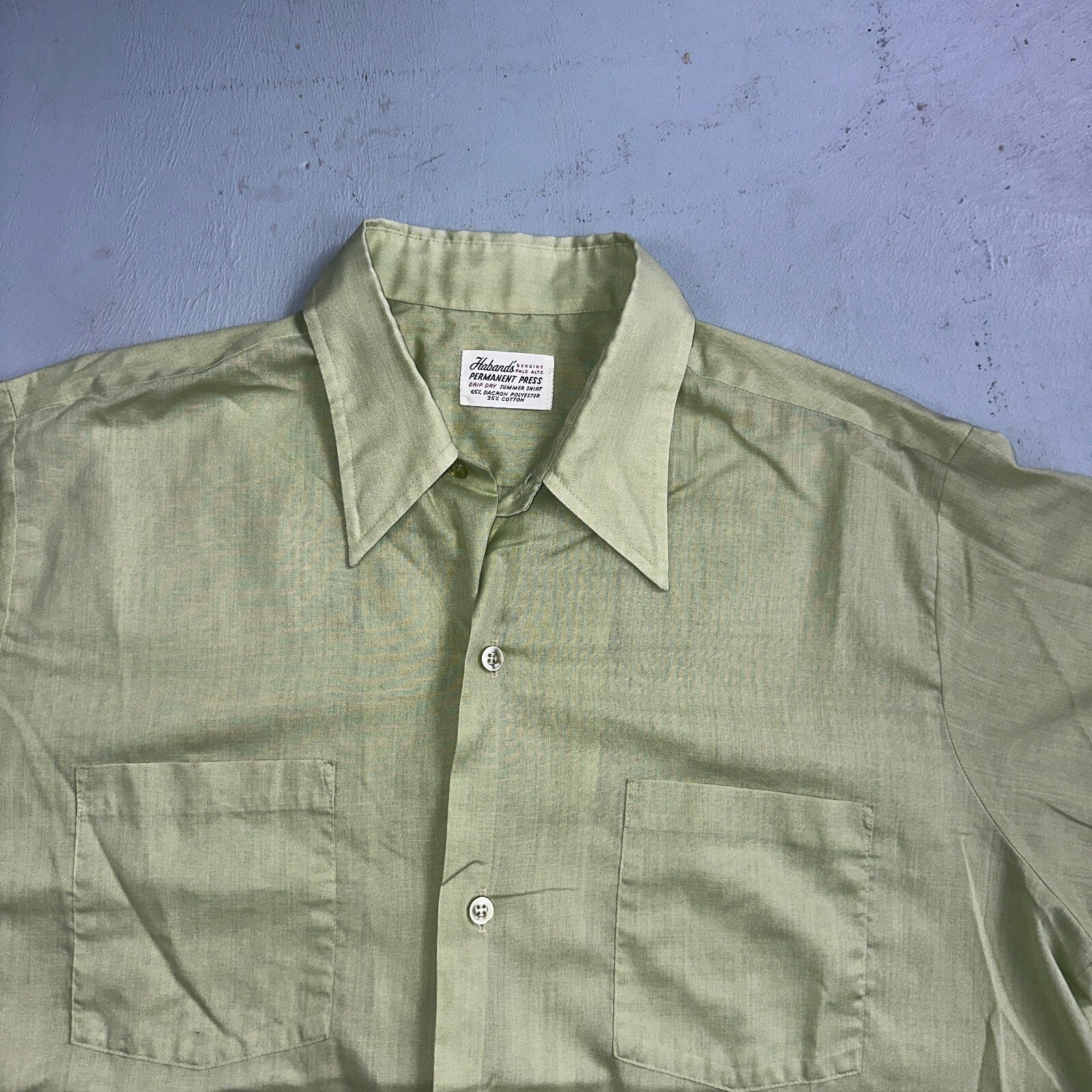 1960s Habands Green Short Sleeve Button Down Shirt Rockabilly Drip Dry Summer