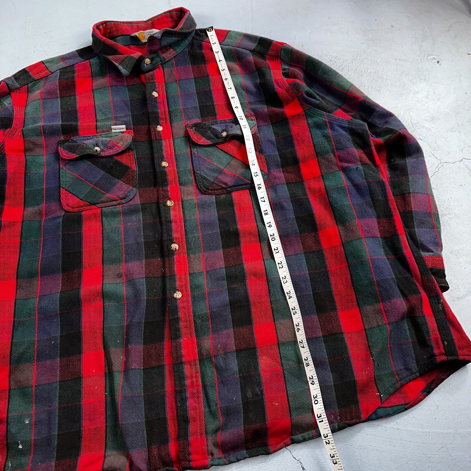 Carhartt Shirt Mens 2XL Red Buffalo Plaid Button Down Long Sleeve Distressed