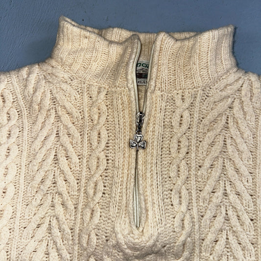 Aran Crafts Ireland Ivory Merino Wool Cable Knit Fisherman Sweater XL 1/4 VTG