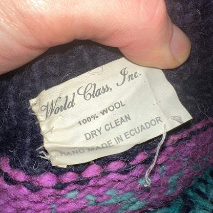 VTG World Class Sweater Purple Striped Wool Hand Made Aztec Geometric 1970s
