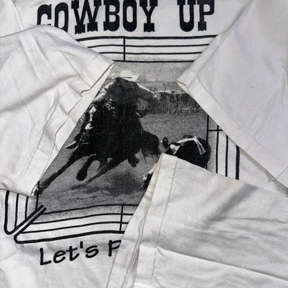 Cowboy Up Hanes Rare 90s VTG T Shirt Rodeo USA America Cow Boots Country Photo