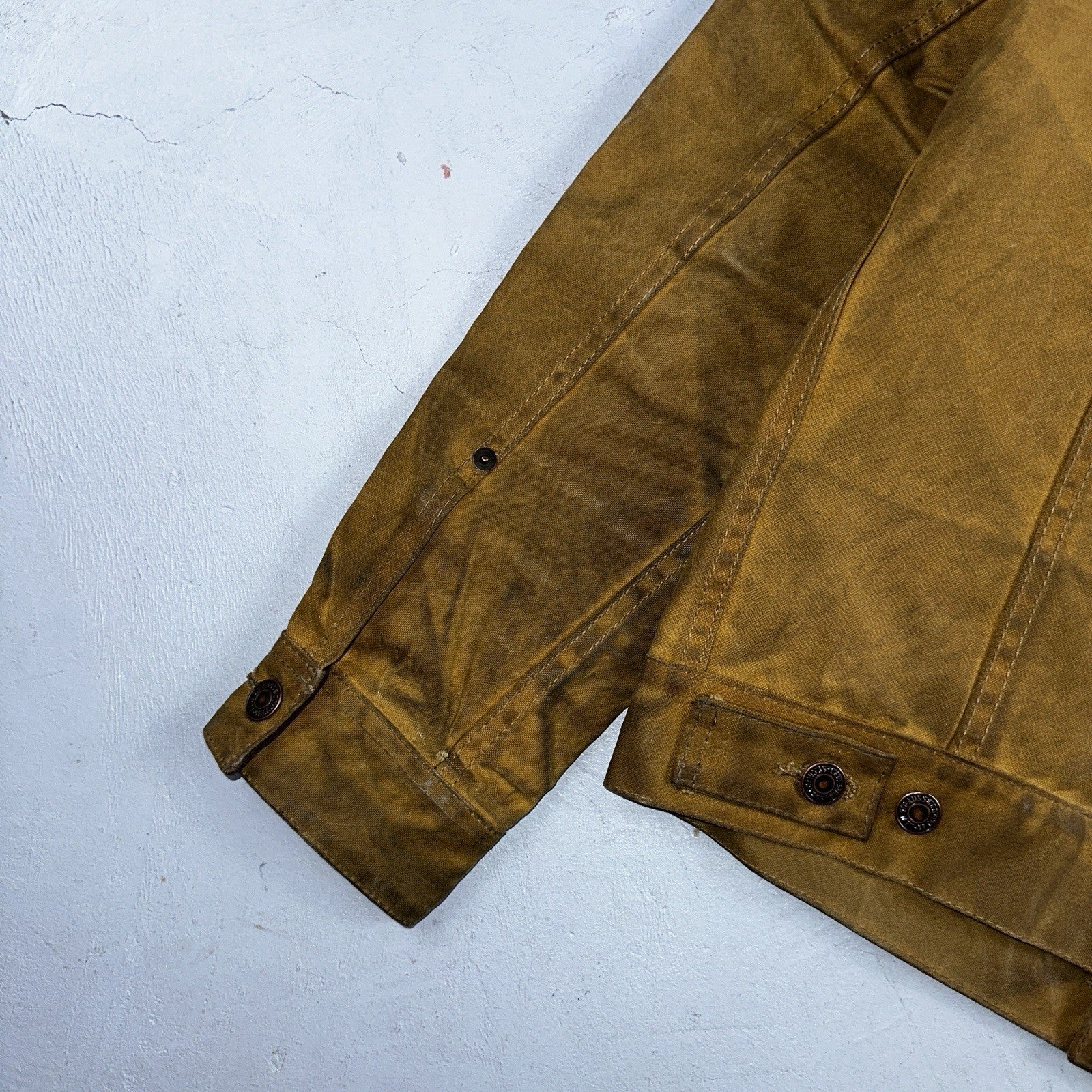 Filson x Levis Tin Cloth Trucker Jacket Men’s Small Tan Made In USA VTG Oil