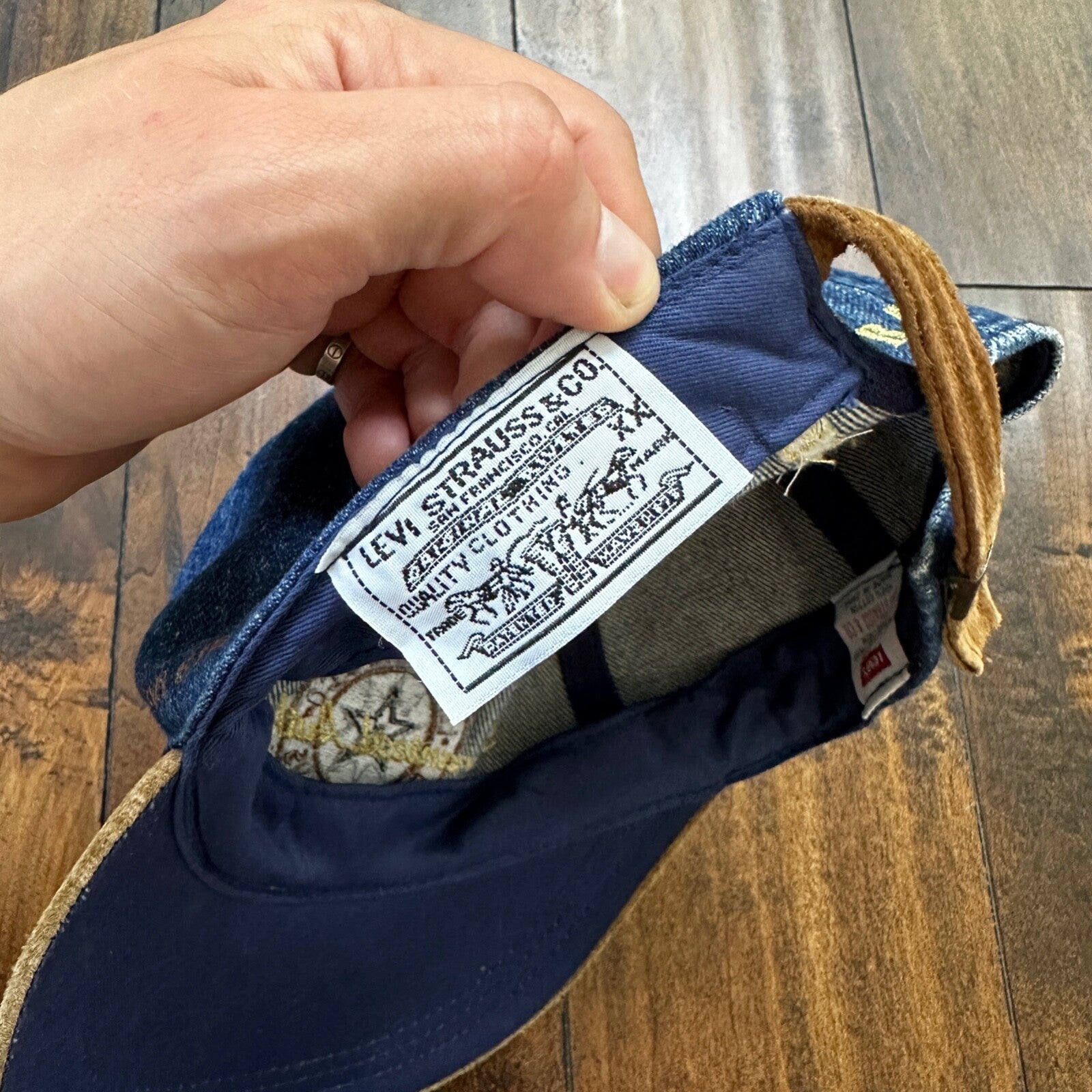 Vintage Levis Jeans Blue Denim w/ Brown Suede Leather Bill Strapback Hat Cap