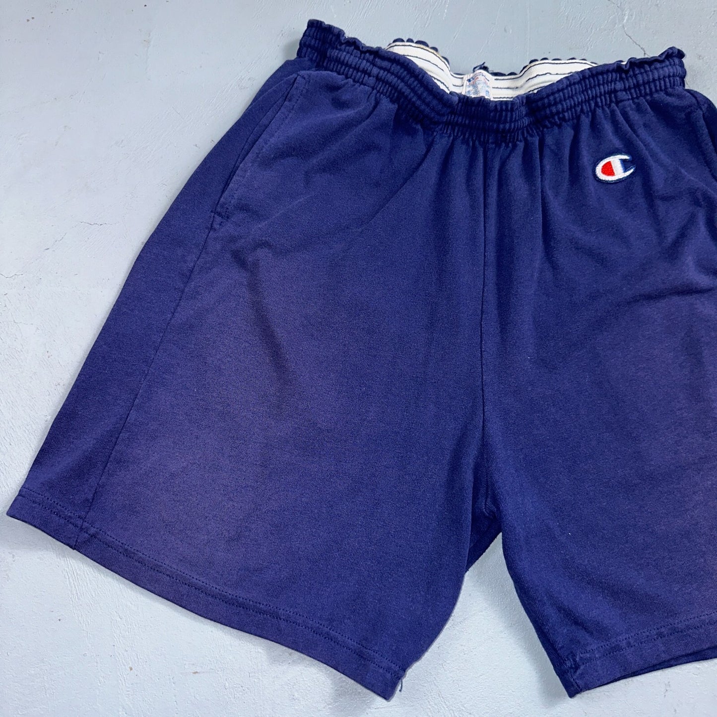 Champion VTG USA 80s Sweat Gym Shorts Large Navy Blue Faded Reverse Weave 1980s