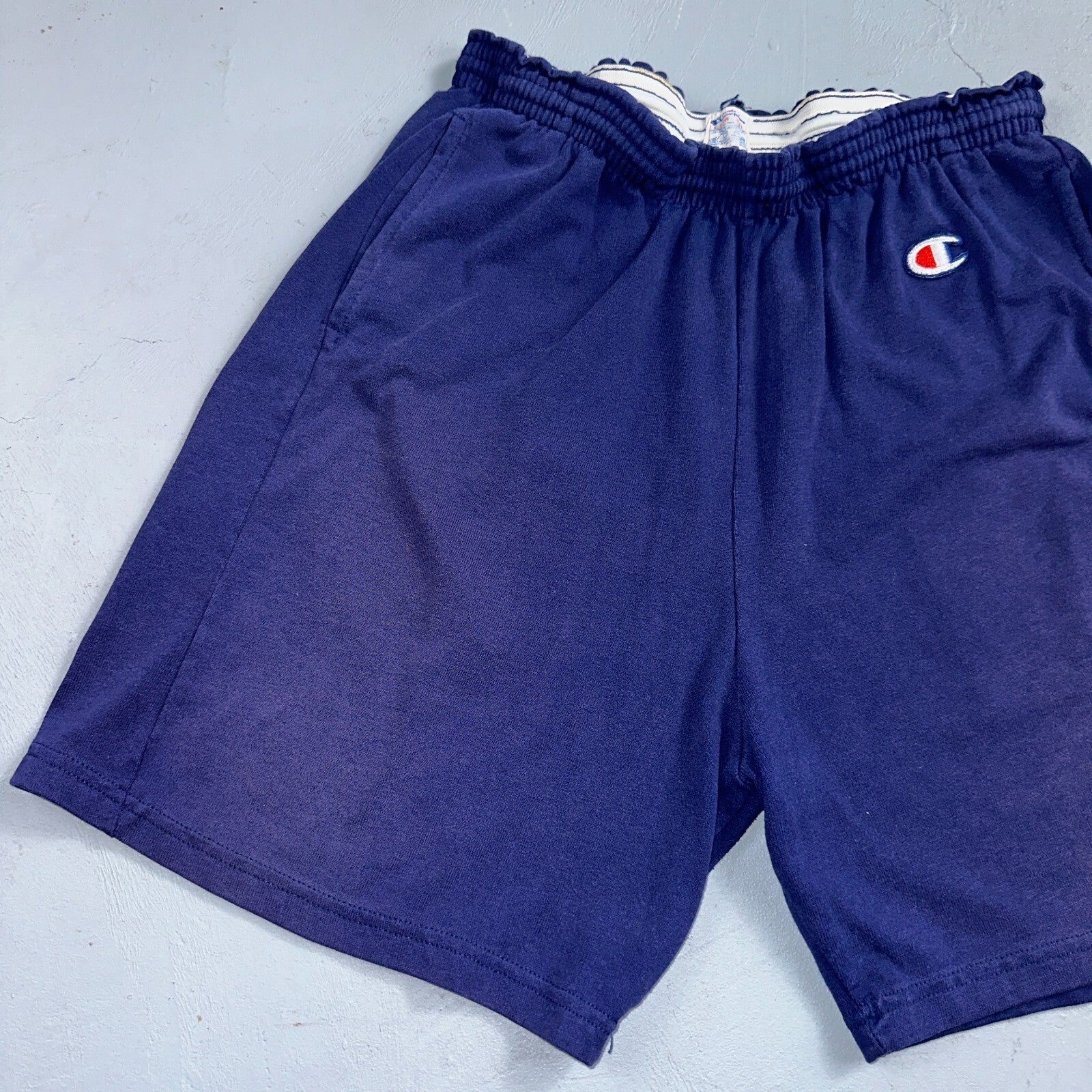 Champion VTG USA 80s Sweat Gym Shorts Large Navy Blue Faded Reverse Weave 1980s