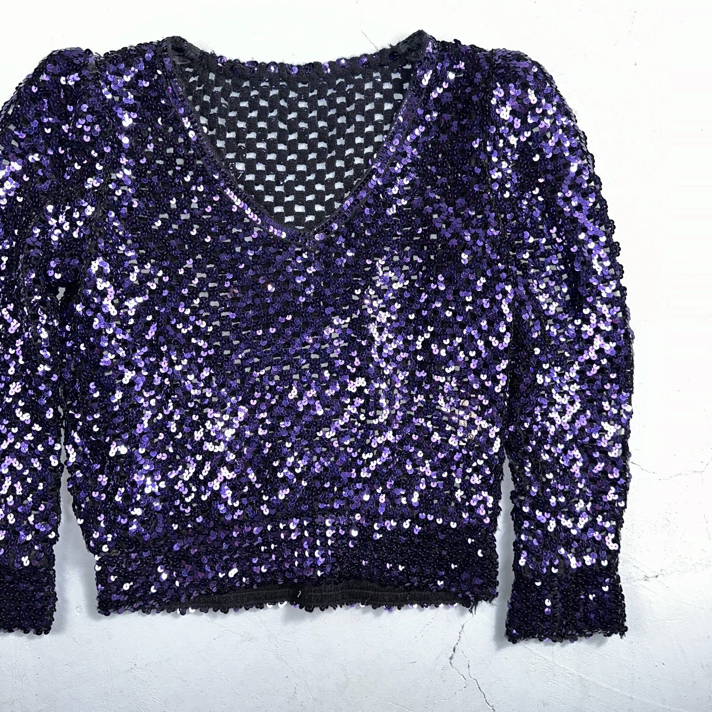 Partique Purple Sequin Disco Glam Party Studio 54 Long Sleeve Shirt Top 6 Dance