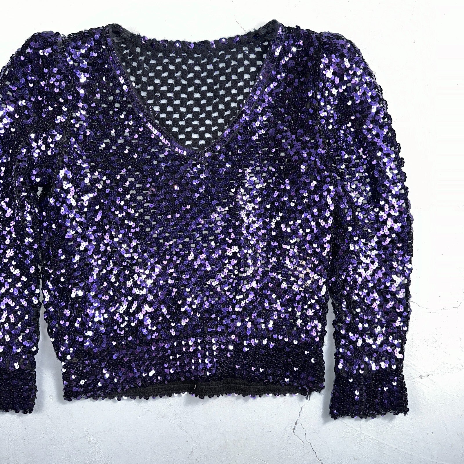 Partique Purple Sequin Disco Glam Party Studio 54 Long Sleeve Shirt Top 6 Dance