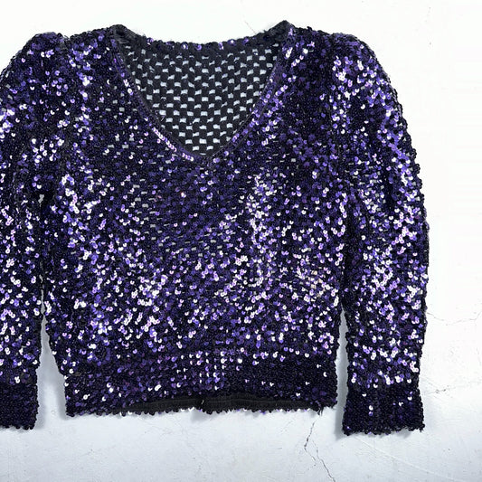 Partique Purple Sequin Disco Glam Party Studio 54 Long Sleeve Shirt Top 6 Dance