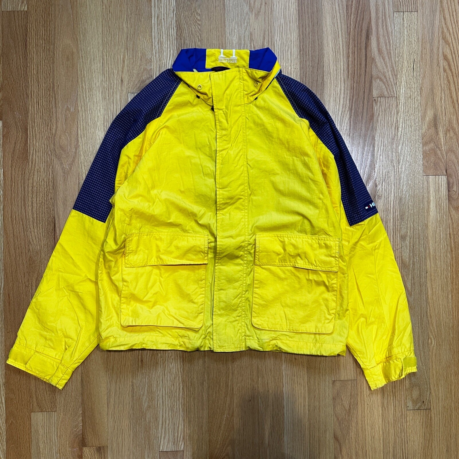 VTG 90s Tommy Hilfiger Yellow Lightweight Full Zip Rain Wind Jacket Sailing Boat